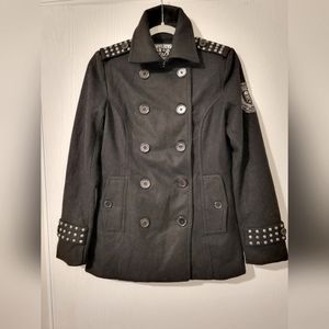 Affliction Black Premium Wool Studded Flight Coat Peacoat SM NWT